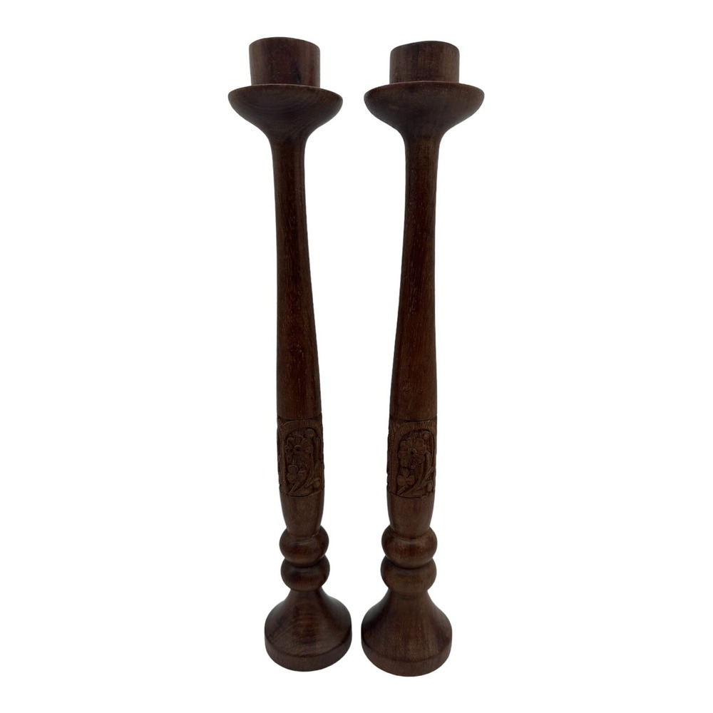 Vintage Pair Of Sarna India Carved‎ Wood Candle Stick Holders 13 3/4" Tall